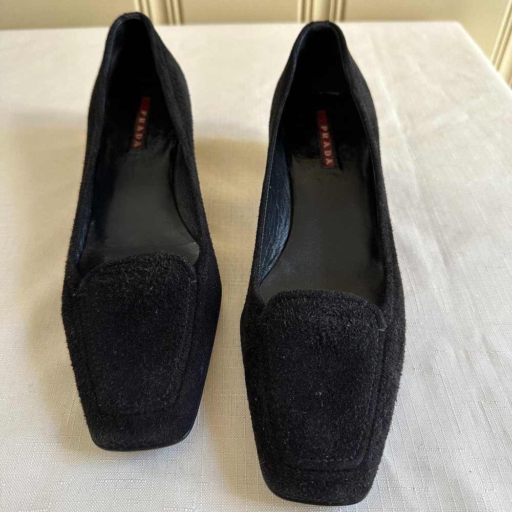 Prada Shoes Black Suede Classic Kitten Heels square toe size 36.5  or 6